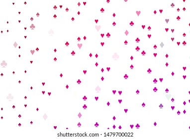Light Purple, Pink vector pattern with symbol of cards. Blurred decorative design of hearts, spades, clubs, diamonds. Design for ad, poster, banner of gambling websites.