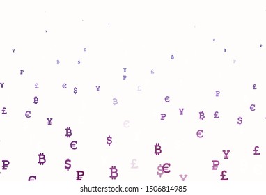 Light Purple, Pink vector pattern with symbols of currency. Colored symbols of currency on white background. Template for ads of currency markets, bank loans.