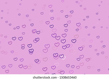 Light Purple, Pink vector pattern with colorful hearts. Blurred decorative design in doodle style with hearts. Template for Valentine's greeting postcards.