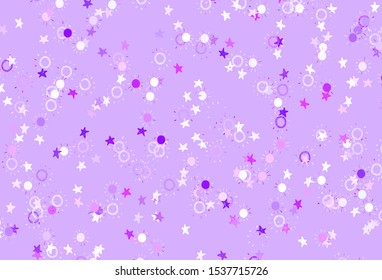 Light Purple, Pink vector pattern with simple suns, stars. Shining illustration with stars, suns on abstract template. Pattern for futuristic ad, booklets.
