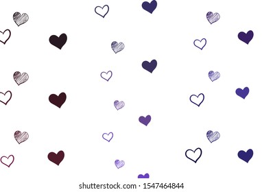 Light Purple, Pink vector pattern with colorful hearts. Blurred decorative design in doodle style with hearts. Template for Valentine's greeting postcards.