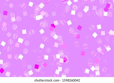 Light Purple, Pink vector pattern with polygonal style with circles. Decorative design in abstract style with lines, dots, cubes. Best design for poster, banner.
