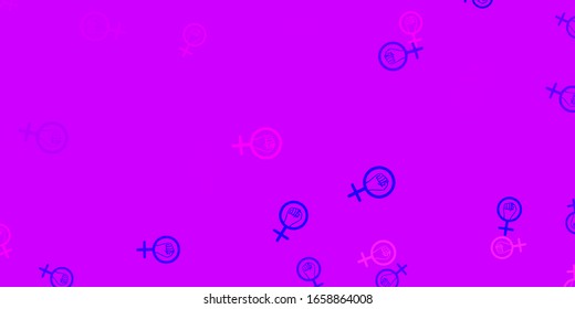 Light Purple, Pink vector pattern with feminism elements. Illustration with signs of women's strength and power. Design for International Women’s Day.