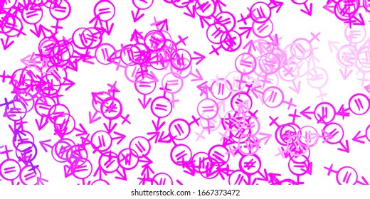 Light Purple, Pink vector pattern with feminism elements. Illustration with signs of women's strength and power. Best design to show the power of women.