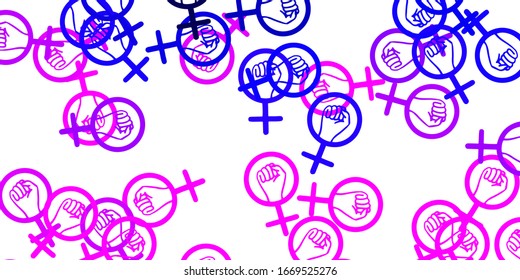 Light Purple, Pink vector pattern with feminism elements. Illustration with signs of women's strength and power. Simple design for your web site.