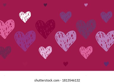 Light Purple, Pink vector pattern with colorful hearts. Illustration with shapes of gradient hearts on blur backdrop. Template for Valentine's greeting postcards.