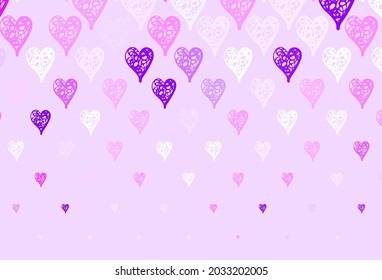 Light Purple, Pink vector pattern with colorful hearts. Shining illustration with hearts on abstract template. Pattern for valentine's ad, booklets.