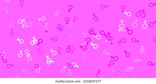 Light Purple, Pink vector pattern with feminism elements. Illustration with signs of women's strength and power. Elegant design for wallpapers.