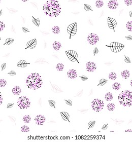 Light Purple, Pink vector seamless natural pattern with leaves and flowers. Shining colored illustration with leaves and flowers. Completely new template for your design.