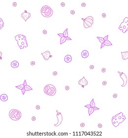 Light Purple, Pink vector seamless texture with delicious snacks. Illustration with set of fresh food in doodle style. Template for meal cooking in kitchen.