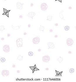 Light Purple, Pink vector seamless background with tasty food. Beautiful colored illustration with food in doodle style. Pattern for menu of cafes, bars, restaurants.