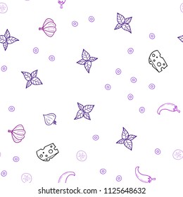 Light Purple, Pink vector seamless texture with delicious snacks. Blurred decorative design of snacks in doodle style. Design for ad, poster, banner of cafes or restaurants.