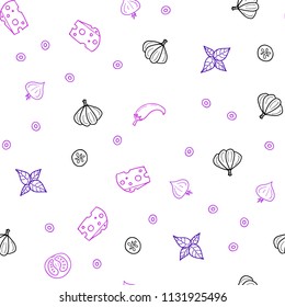 Light Purple, Pink vector seamless pattern with fresh ingredients. Glitter abstract sketch with gourmet food. Pattern for menu of cafes, bars, restaurants.
