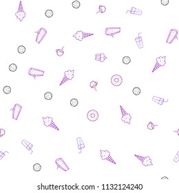 Light Purple, Pink vector seamless layout with restaurant food. Illustration with set of fresh food in doodle style. Doodle design for your business advert of cafes.