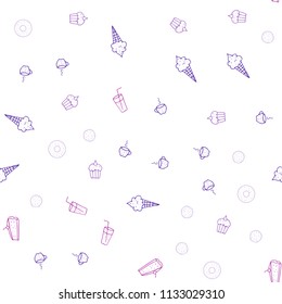 Light Purple, Pink vector seamless texture with delicious snacks. Beautiful colored illustration with food in doodle style. Doodle design for your business advert of cafes.