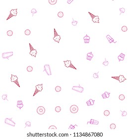 Light Purple, Pink vector seamless texture with delicious snacks. Illustration with set of fresh food in doodle style. Pattern for ads of breakfast, lunch, dinner.