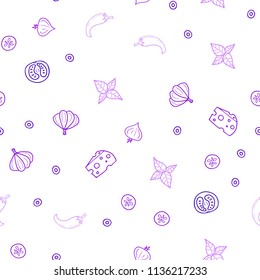 Light Purple, Pink vector seamless texture with delicious snacks. Glitter abstract sketch with gourmet food. Template for meal cooking in kitchen.