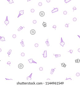 Light Purple, Pink vector seamless background with tasty food. Blurred decorative design of snacks in doodle style. Doodle design for your business advert of cafes.