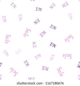 Light Purple, Pink vector seamless background with 30, 40, 50, 70 % signs of sales. Abstract illustration with colorful gradient symbols of sales. Backdrop for mega promotions, discounts.