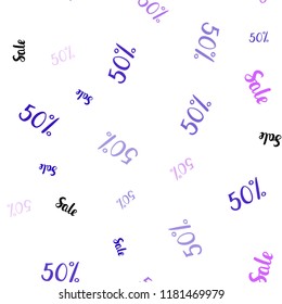 Light Purple, Pink vector seamless background with 50 % signs of sales. Shining colorful illustration with isolated selling prices. Pattern for ads, posters, banners of sales.