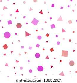 Light Purple, Pink vector seamless cover in polygonal style with circles. Illustration with set of colorful circles, triangles, squares. Pattern for design of window blinds, curtains.