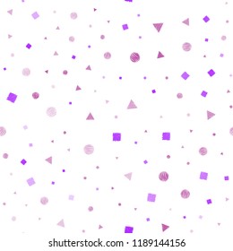 Light Purple, Pink vector seamless texture with poly style with circles, cubes. Illustration with set of colorful circles, triangles, squares. Trendy design for wallpaper, fabric makers.