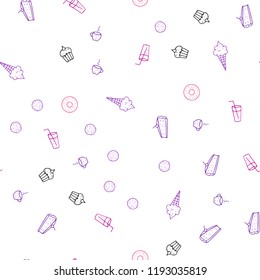 Light Purple, Pink vector seamless layout with restaurant food. Blurred decorative design of snacks in doodle style. Pattern for menu of cafes, bars, restaurants.