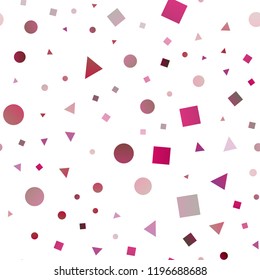 Light Purple, Pink vector seamless texture in poly style with circles, cubes. Circles, lines, rhombus with colorful gradient. Design for textile, fabric, wallpapers.