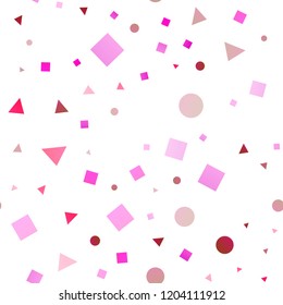 Light Purple, Pink vector seamless backdrop with lines, circles, rhombus. Decorative design in abstract style with lines, dots, cubes. Pattern for trendy fabric, wallpapers.