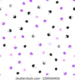 Light Purple, Pink vector seamless layout with coffee set. Gradient abstract collection of coffee cups and beans. Design for ad, poster, banner of cafes, restaurants.