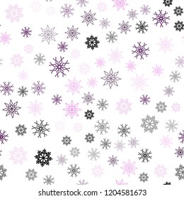 Light Purple, Pink vector seamless layout with bright snowflakes. Snow on blurred abstract background with gradient. Trendy design for wallpaper, fabric makers.