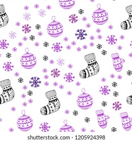 Light Purple, Pink vector seamless template with ice snowflakes, balls, socks, mittens. Colorful xmas elements with gradient. Template for business cards, websites.