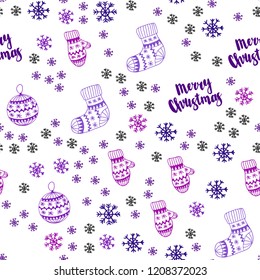 Light Purple, Pink vector seamless layout with bright snowflakes, balls, socks, mittens. Glitter abstract illustration with gradient. Template for business cards, websites.