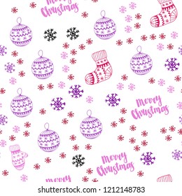 Light Purple, Pink vector seamless pattern with christmas snowflakes, balls, socks, mittens. Colorful illustration with xmas symbols. Design for wallpaper, fabric makers.