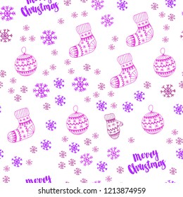 Light Purple, Pink vector seamless background with xmas snowflakes, balls, socks, mittens. Colorful xmas elements with gradient. Texture for window blinds, curtains.