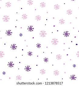 Light Purple, Pink vector seamless background with xmas snowflakes. Colorful decorative design in xmas style with snow. Pattern for design of window blinds, curtains.