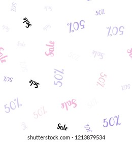 Light Purple, Pink vector seamless texture with selling prices 50 %. Gradient illustration with discount signs on white backdrop. Design for business ads, commercials.