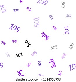 Light Purple, Pink vector seamless background with 50 % signs of sales. Colored words of sales with gradient on white background. Backdrop for super sales on Black Friday.