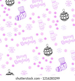 Light Purple, Pink vector seamless background with xmas snowflakes, balls, socks, mittens. Colorful illustration with xmas symbols. Design for wallpaper, fabric makers.