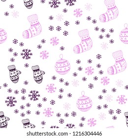 Light Purple, Pink vector seamless texture with colored snowflakes, balls, socks, mittens. Shining colorful illustration in christmas style. Pattern for trendy fabric, wallpapers.