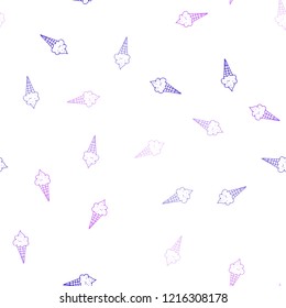 Light Purple, Pink vector seamless background with ice-cream cones. Illustration with set of delicious sweet ice-cream cones. Pattern for menu of cafes and restaurants.