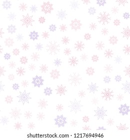 Light Purple, Pink vector seamless cover with beautiful snowflakes. Shining colored illustration with snow in christmas style. Trendy design for wallpaper, fabric makers.