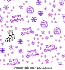 Light Purple, Pink vector seamless texture with colored snowflakes, balls, socks, mittens. Colorful xmas elements with gradient. Pattern for design of fabric, wallpapers.