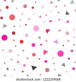 Light Purple, Pink vector seamless pattern in polygonal style with circles. Glitter abstract illustration with spheres, triangular lines. Design for textile, fabric, wallpapers.