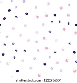 Light Purple, Pink vector seamless texture with coffee beans, mugs. Gradient abstract collection of coffee cups and beans. Design for ad, poster, banner of cafes, restaurants.