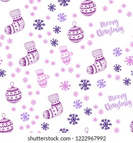 Light Purple, Pink vector seamless layout with bright snowflakes, balls, socks, mittens. Colorful decorative design in xmas style. Template for business cards, websites.