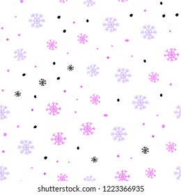 Light Purple, Pink vector seamless cover with beautiful snowflakes. Colorful decorative design in xmas style with snow. Trendy design for wallpaper, fabric makers.