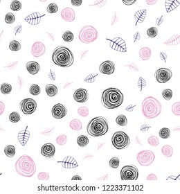 Light Purple, Pink vector seamless doodle pattern with leaves and flowers. Sketchy doodles on white background. Pattern for design of fabric, wallpapers.
