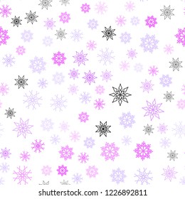 Light Purple, Pink vector seamless texture with colored snowflakes. Snow on blurred abstract background with gradient. Template for business cards, websites.