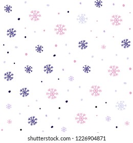 Light Purple, Pink vector seamless cover with beautiful snowflakes. Shining colorful illustration with snow in christmas style. Trendy design for wallpaper, fabric makers.